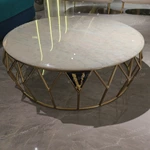 Round Marble Coffee Table with Geometric Metal Base and Signature Luxury Detailing
